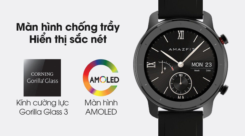 Màn hình AMOLED sắc nét của đồng hồ thông minh Amazfit GTR 42mm được bảo vệ bởi kính cường lực