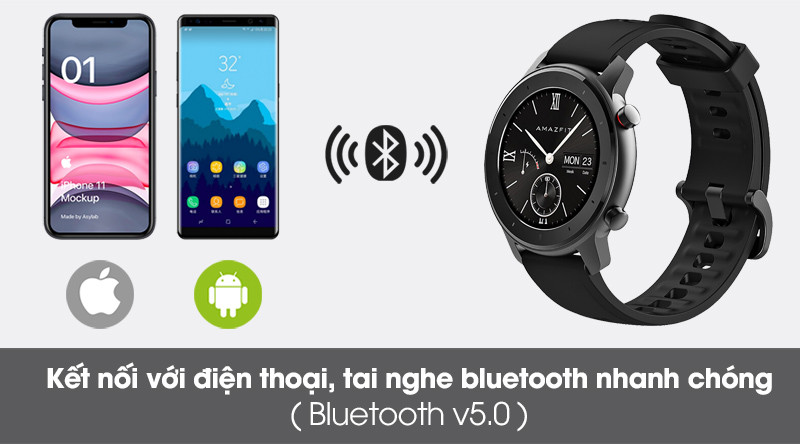 Kết nối Bluetooth 5.0 nhanh chóng và ổn định trên đồng hồ thông minh Amazfit GTR 42mm