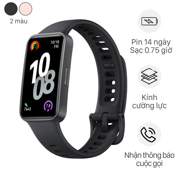 Vòng đeo tay thông minh Huawei Band 10 màu đen với viền nhựa và dây cao su