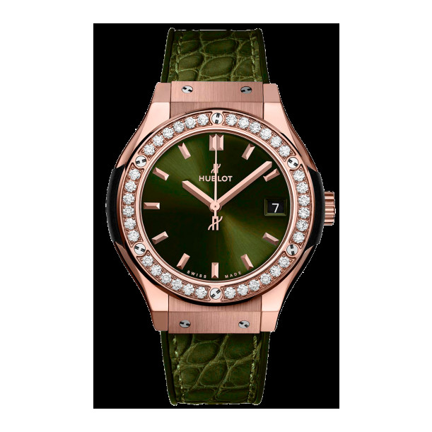 Mẫu đồng hồ Hublot nữ Classic Fusion King Gold Green Diamonds, tham khảo để biết đồng hồ Hublot nữ giá bao nhiêu.
