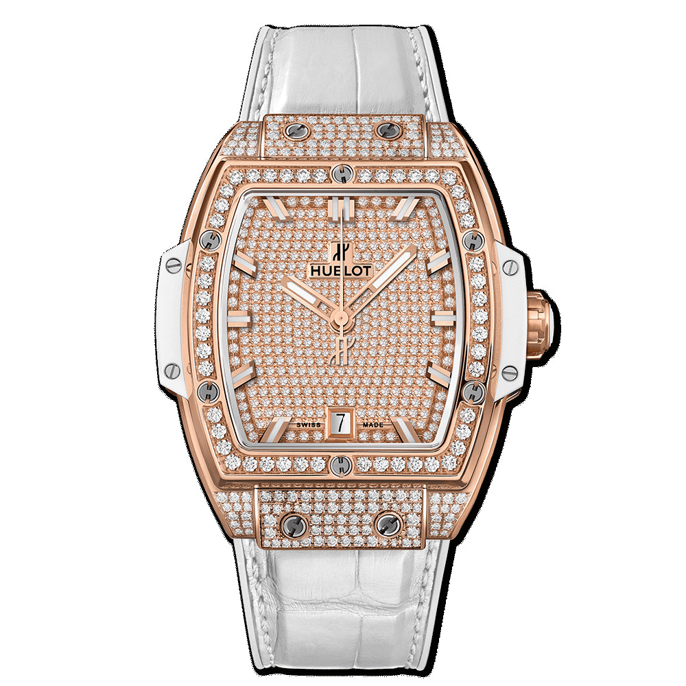 Chiếc đồng hồ Hublot nữ Spirit Of Big Bang White King Gold Pave 39mm sang trọng, thể hiện mức giá đồng hồ Hublot nữ cao cấp.