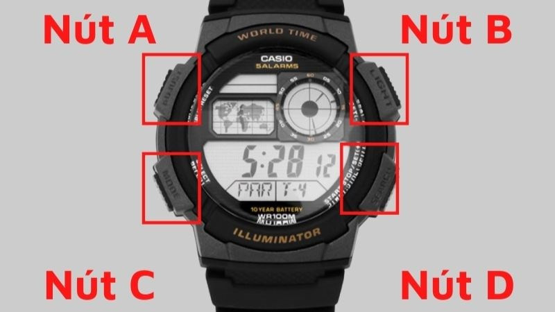 Sơ đồ minh họa vị trí các nút Adjust, Reverse, Mode, Forward trên đồng hồ Sport Water Resist, quan trọng cho việc cách chỉnh giờ đồng hồ Water Resist