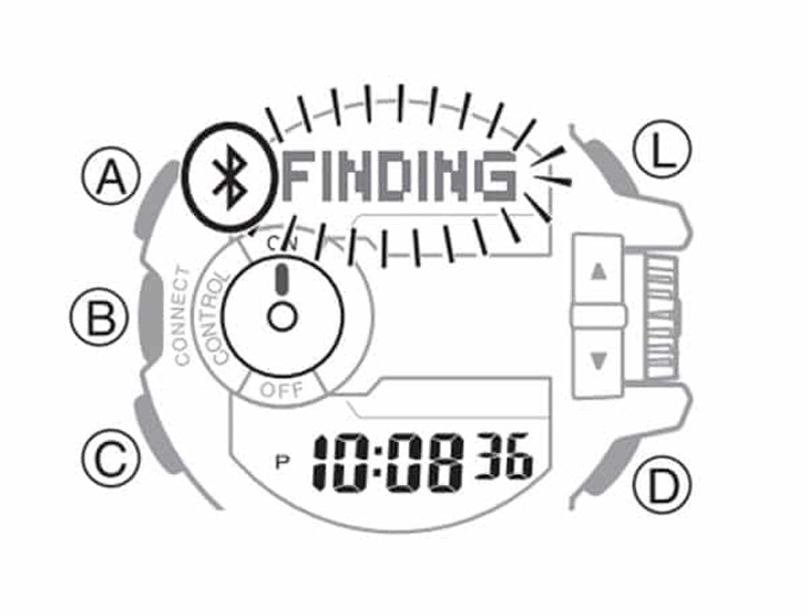 Màn hình đồng hồ điện thoại G-Shock hiển thị "FINDING" khi đang tìm điện thoại