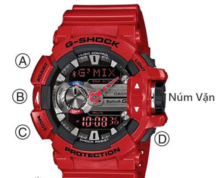 Sơ đồ các nút chức năng trên đồng hồ G-Shock GBA-400