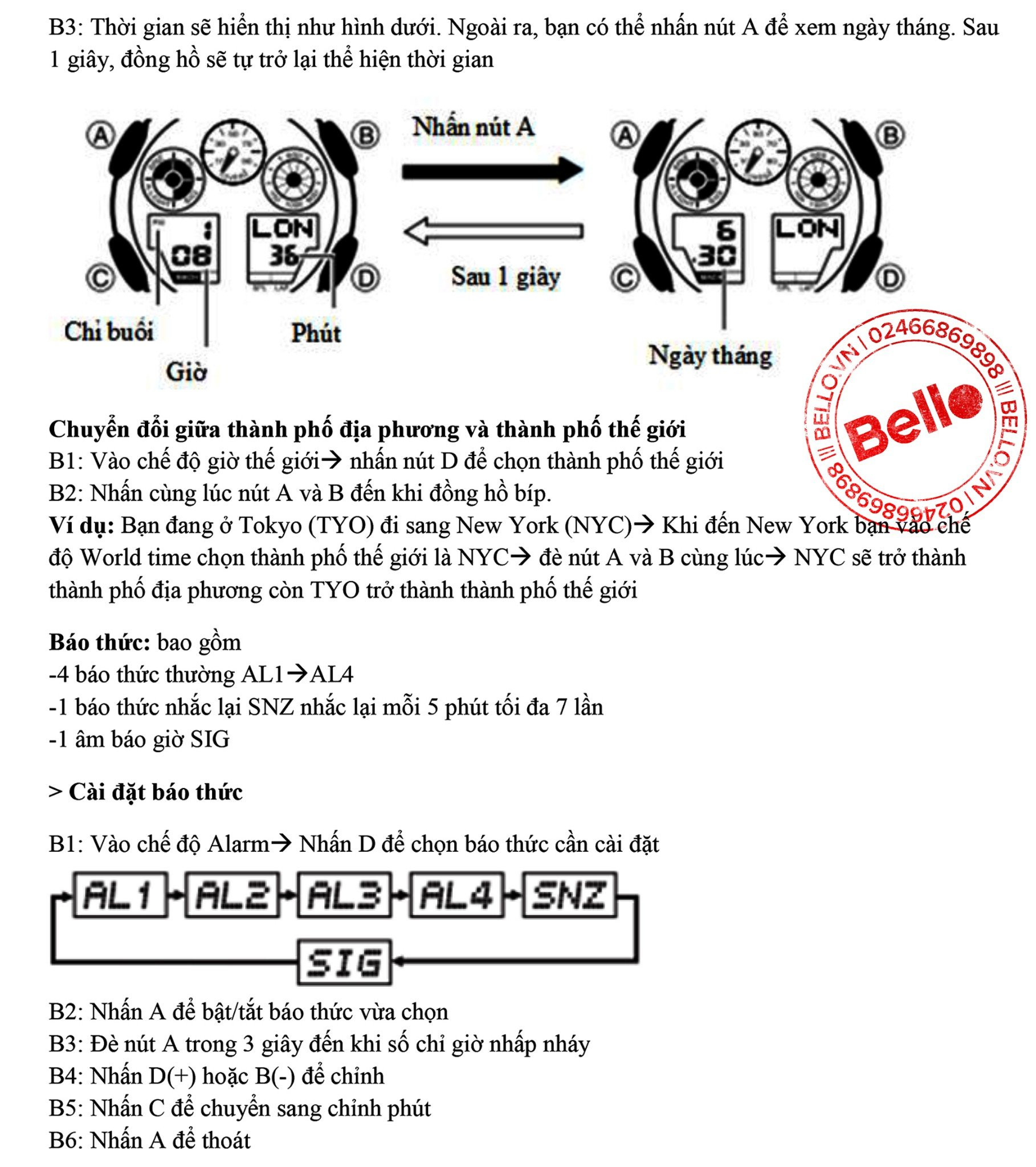 Các chế độ hoạt động và cách chuyển đổi trên đồng hồ Casio G-Shock GA-100