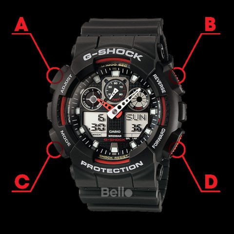Đồng hồ G-Shock GA-100 với các nút điều khiển chính và hiển thị module 5081