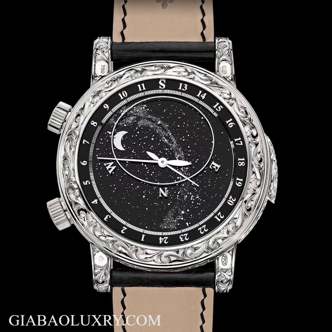 Mặt sau đồng hồ Patek Philippe 6002G-010 hiển thị bản đồ sao thiên văn chi tiết