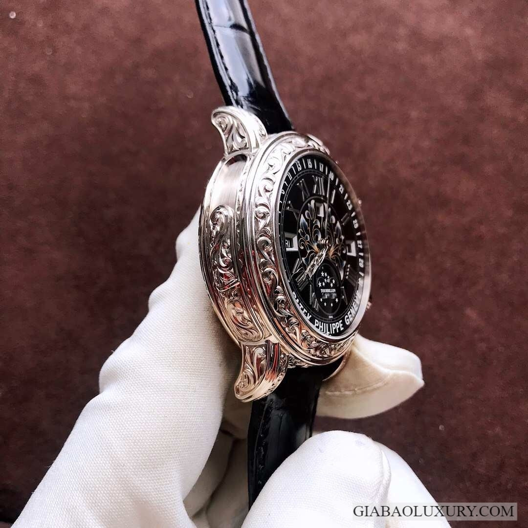 Chụp cận cảnh mặt số phụ và các kim chạm khắc trên Patek Philippe 6002G-010