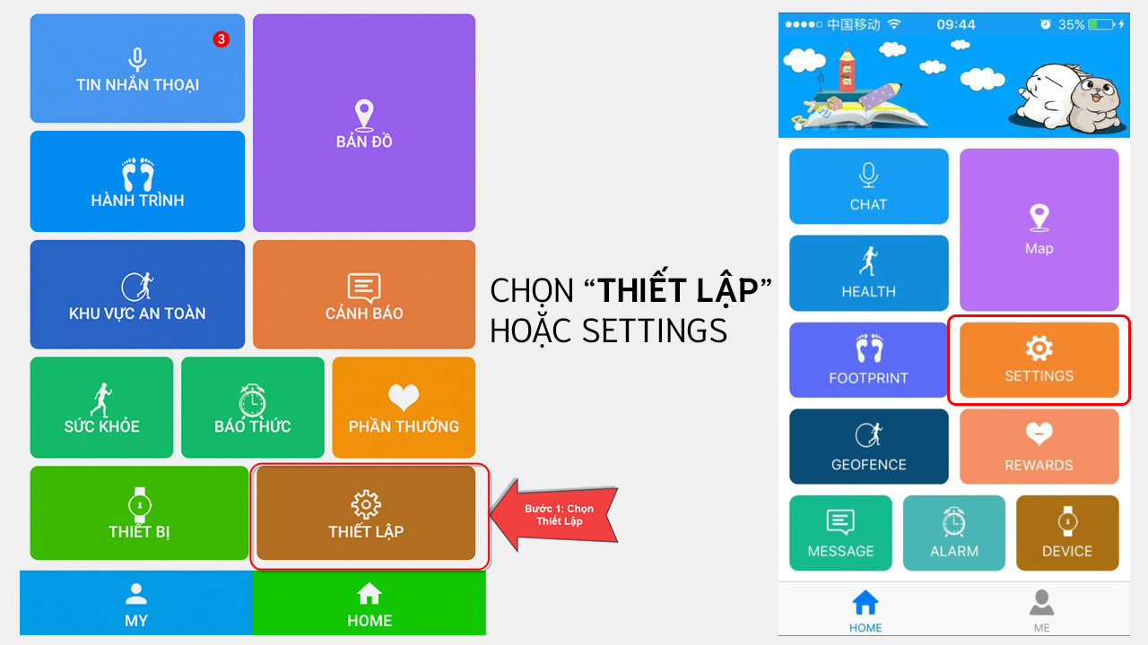 Giao diện ứng dụng Setracker 2 hiển thị mục Thiết lập trên đồng hồ gọi điện trẻ em