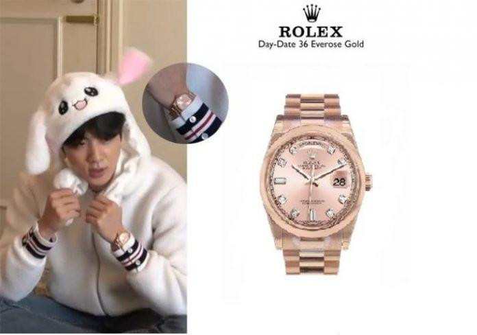 Jin trình diễn với chiếc Rolex Oyster Perpetual Day-Date 36 vàng Everose trong bộ sưu tập đồng hồ của BTS
