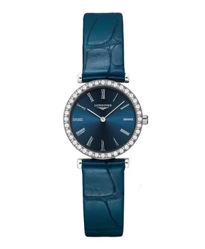Đồng hồ nữ dây da mặt tròn nhỏ Longines La Grande Classique L4.341.0.94.2 với mặt số xanh ngọc và viền đính kim cương