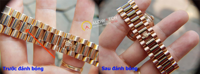 Vỏ đồng hồ Rolex vàng khối trước và sau khi được đánh bóng, minh họa hiệu quả của dịch vụ đánh bóng đồng hồ chất lượng cao.
