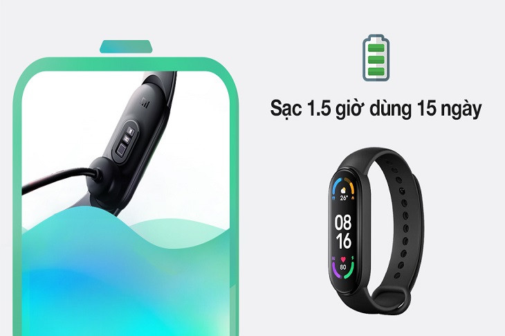 Vòng đeo tay thông minh Mi Band 6 đang sạc, thể hiện khả năng sử dụng pin bền bỉ của đồng hồ thông minh