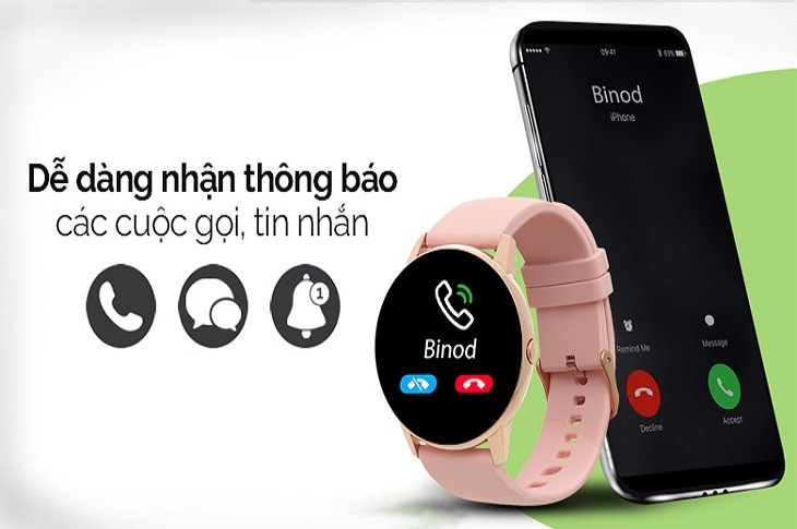 Một chiếc đồng hồ thông minh BeU PT2 màu hồng hiển thị thông báo cuộc gọi và tin nhắn