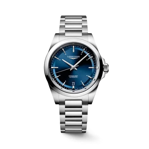 Đồng hồ Longines Conquest nam với dây kim loại thép không gỉ chính hãng, mặt số xanh dương