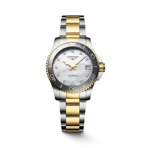 Dây đồng hồ kim loại chính hãng cho nữ từ bộ sưu tập Longines HydroConquest, phối màu thép không gỉ và ceramic