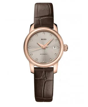Đồng hồ dây da nữ mặt nhỏ MIDO Baroncelli Lady Mini M039.007.36.076.00 với mặt số xám đính kim cương và bộ máy cơ tự động.