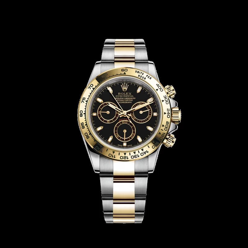 Thiết kế hiện đại của đồng hồ Rolex Daytona 116503 với mặt số đen và chi tiết vàng, thể hiện sự sang trọng và tinh tế.