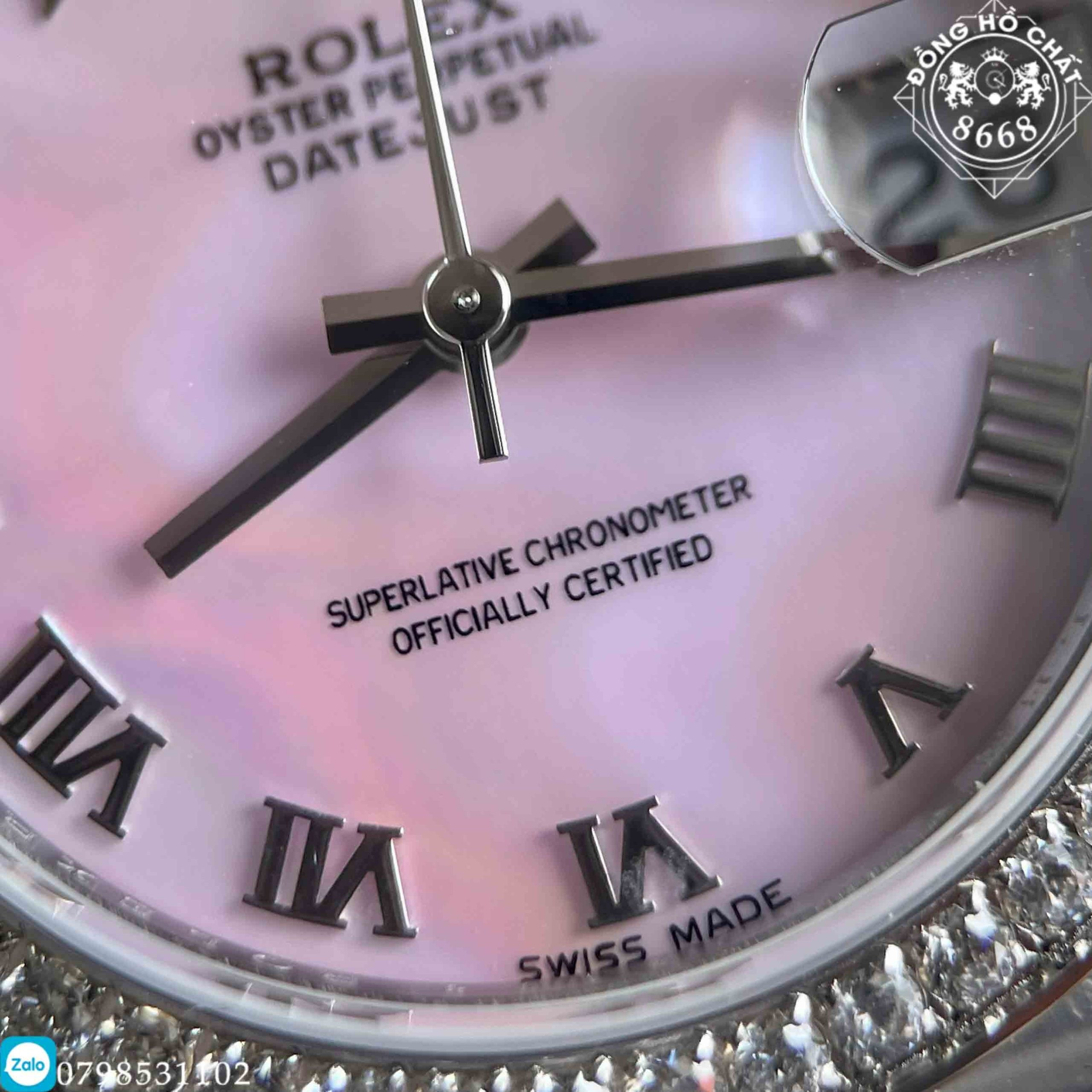 Chi tiết mặt số đồng hồ Rolex nữ với ô cửa sổ ngày Cyclops, đặc trưng của máy Thụy Sĩ