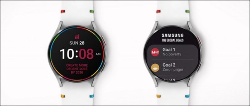 Giao diện mặt đồng hồ Samsung Global Goals trên Galaxy Watch, thể hiện cam kết xã hội của Samsung khi ra mắt đồng hồ mới