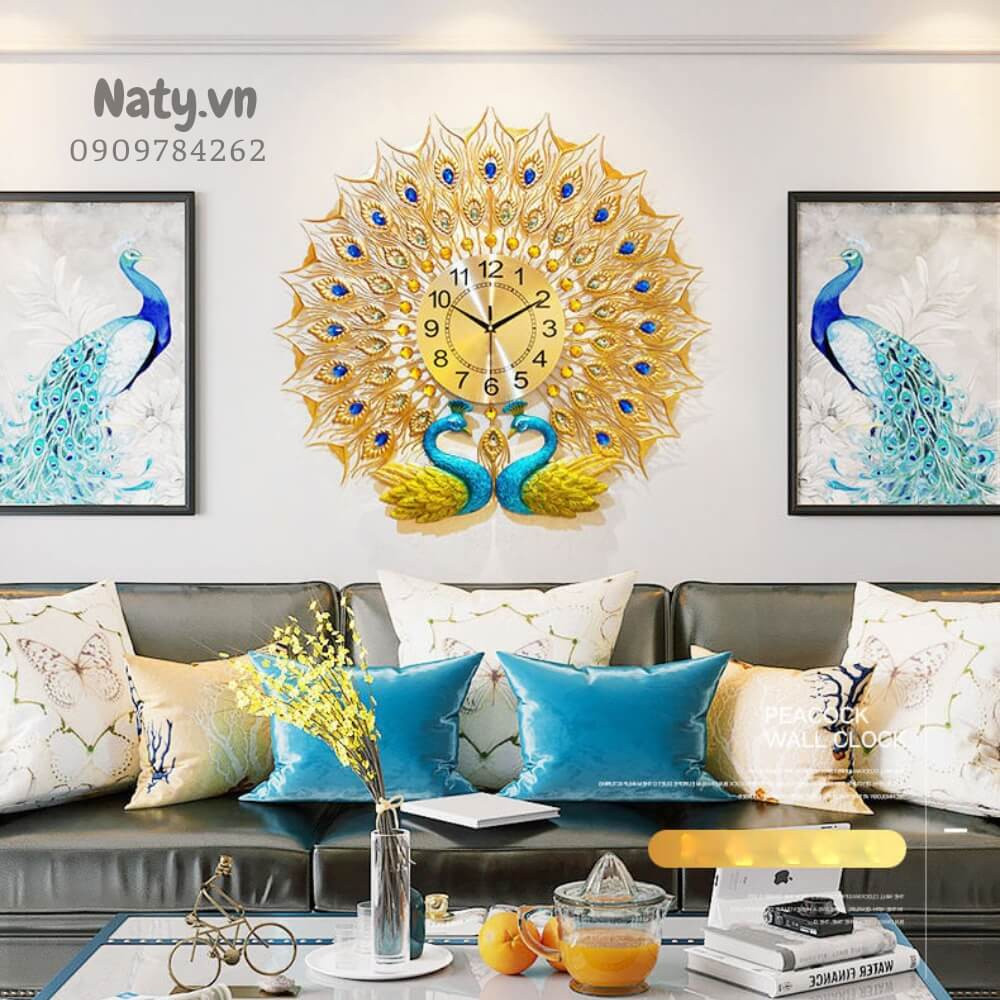 Đồng hồ treo tường hình chim công trang trí phòng ngủ