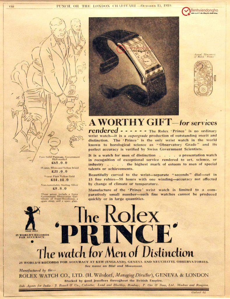 Quảng cáo lịch sử về mẫu đồng hồ Rolex Prince từ năm 1930, minh chứng cho sự tồn tại của đồng hồ cơ lộ máy Rolex
