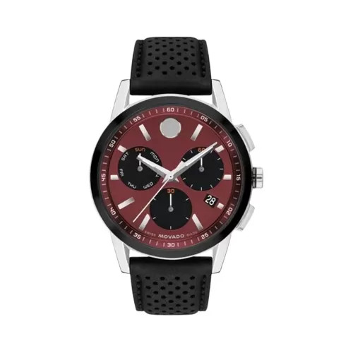 Đồng hồ Movado Museum Sport 0607897 43mm với mặt số đỏ và dây da đen