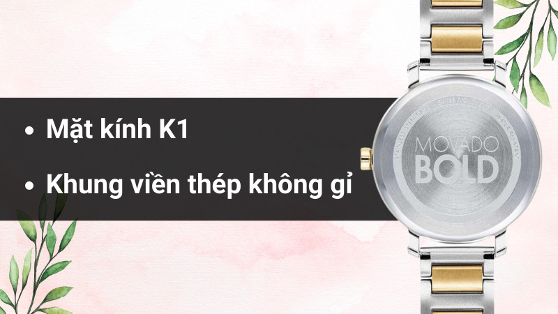 Mặt kính sapphire và khung thép không gỉ của đồng hồ Movado nữ, bền bỉ và dễ vệ sinh