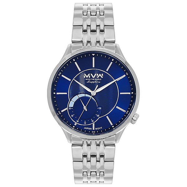 Đồng hồ nam MVW 41mm MS095-01 với vỏ bạc và mặt xanh nổi bật.