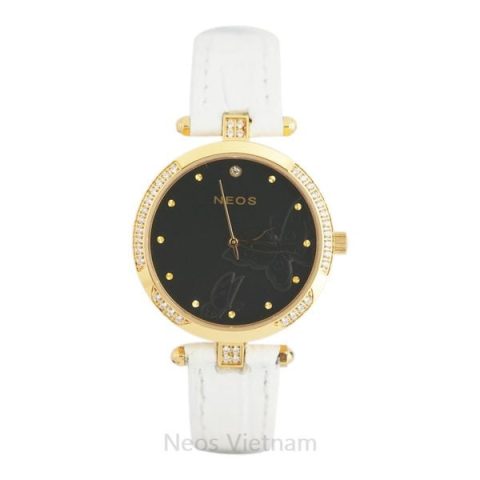 Đồng hồ thời trang nữ dây da Neos N-30916AL với mặt số bướm và viền đính đá sang trọng
