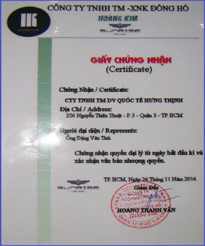 Giấy chứng nhận đại lý ủy quyền của một cửa hàng đồng hồ, minh chứng cho địa điểm đáng tin cậy khi bạn tìm hiểu nên mua đồng hồ nữ ở đâu.