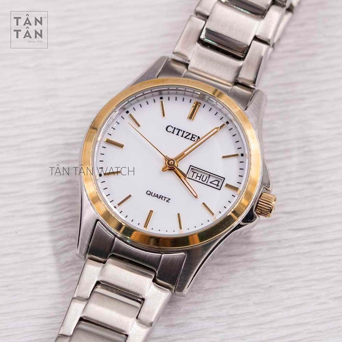 Đồng hồ Citizen nữ EQ0596-87A với thiết kế màu bạc thanh lịch và viền vàng tinh xảo