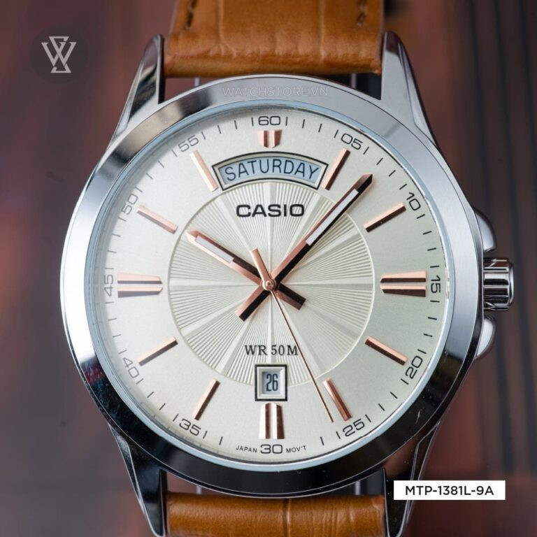 Casio MTP-1381L-9A, đồng hồ nam đẹp dưới 2 triệu với mặt vàng và dây nâu
