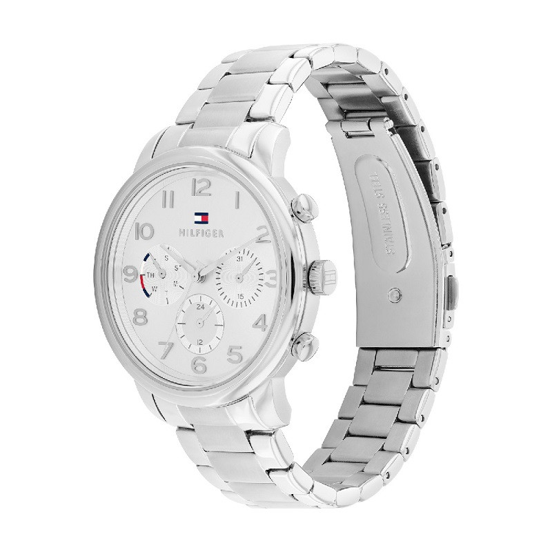Đồng hồ nữ Tommy Hilfiger 38mm, mặt số xanh, dây kim loại vàng hồng, đeo trên cổ tay
