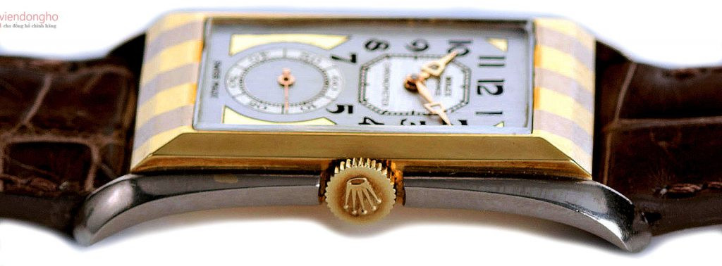 Mặt đáy cong ôm tay độc đáo của đồng hồ Rolex Prince Zebra, cho thấy thiết kế tinh xảo của đồng hồ cơ lộ máy Rolex