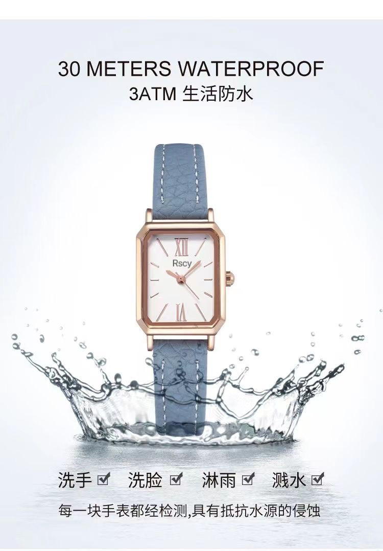 Mặt đồng hồ đeo tay nữ mặt nhỏ hình chữ nhật màu xanh lam, với thiết kế mặt số sạch sẽ và tối giản, thể hiện phong cách thanh lịch.