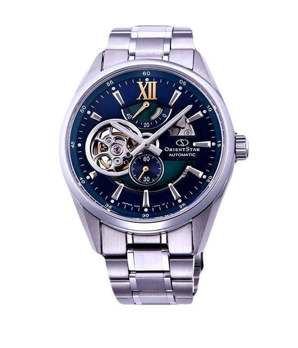 Đồng hồ Orient hở van tim nam mã RE-DK0001L00B tự động với mặt số xanh dương nổi bật.