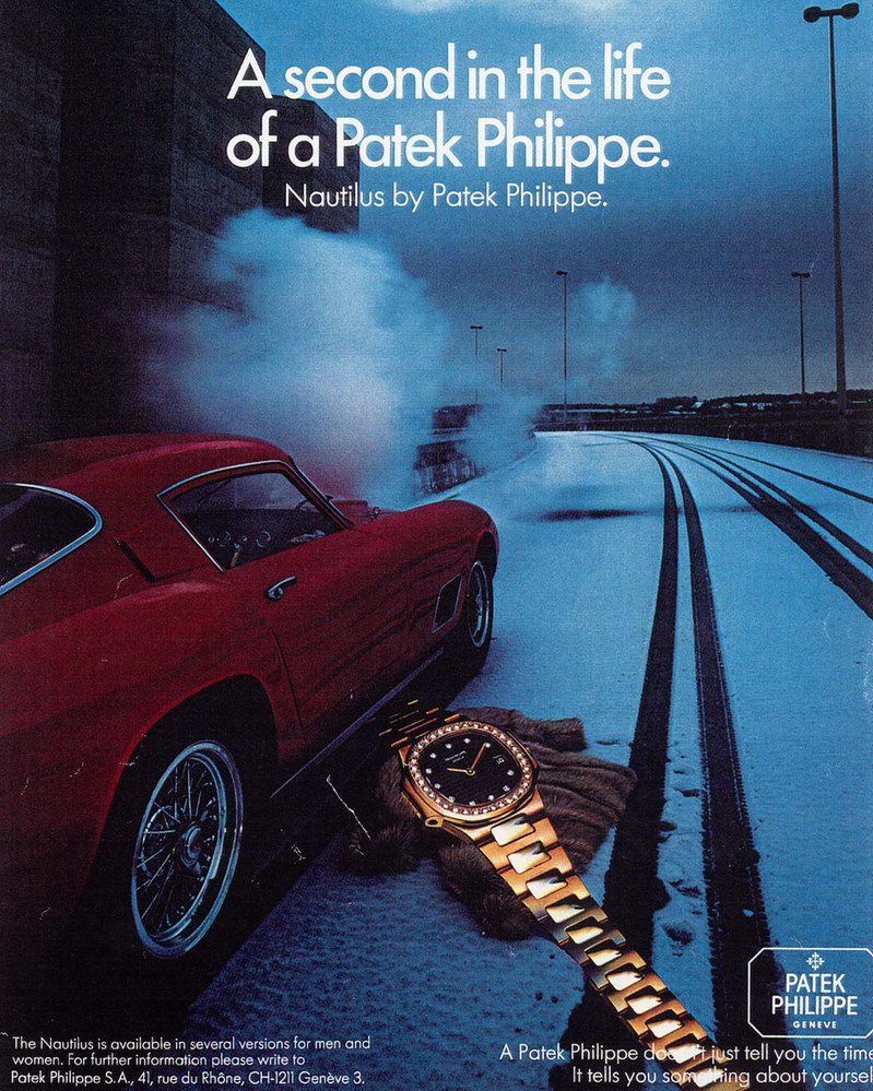 Quảng cáo đồng hồ Patek Philippe năm 1981 với chiếc Nautilus và xe Ferrari.