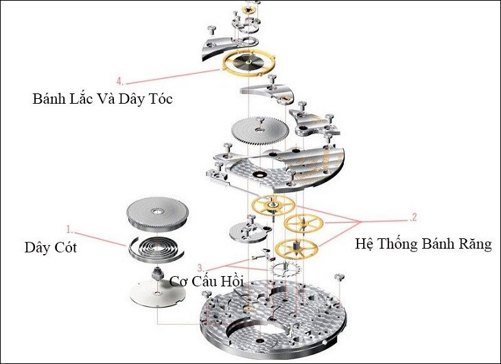 Sơ đồ cấu tạo phức tạp của bộ máy đồng hồ cơ