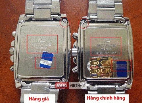 GIF minh họa sự khác biệt giữa tem xanh phản quang của Casio chính hãng (bên phải, chữ mờ) và tem giả (bên trái, chữ rõ), một yếu tố quan trọng khi nhận biết đồng hồ Casio chính hãng