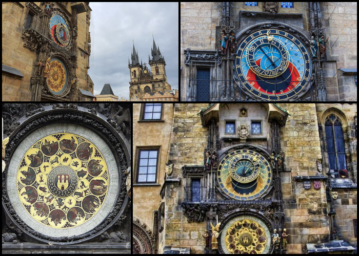 Toàn cảnh đồng hồ Thiên văn Cổ Praha với các bức tượng di động và mặt số thiên văn