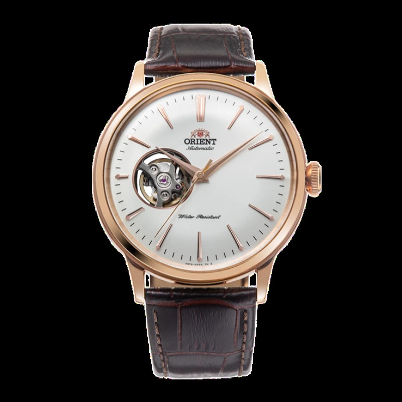 Đồng hồ Orient Bambino Open Heart RA-AG0001S30B với mặt số trắng tinh tế và cửa sổ trái tim lộ máy