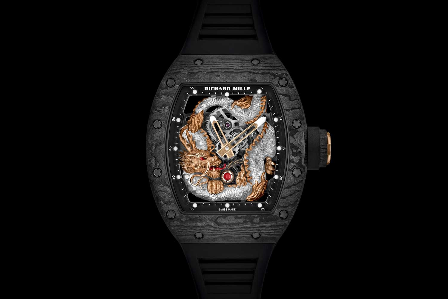 Đồng hồ Richard Mille RM 57-03 Dragon Sapphire NTPT Tourbillon với hình rồng vàng chạm khắc trên mặt số trong suốt