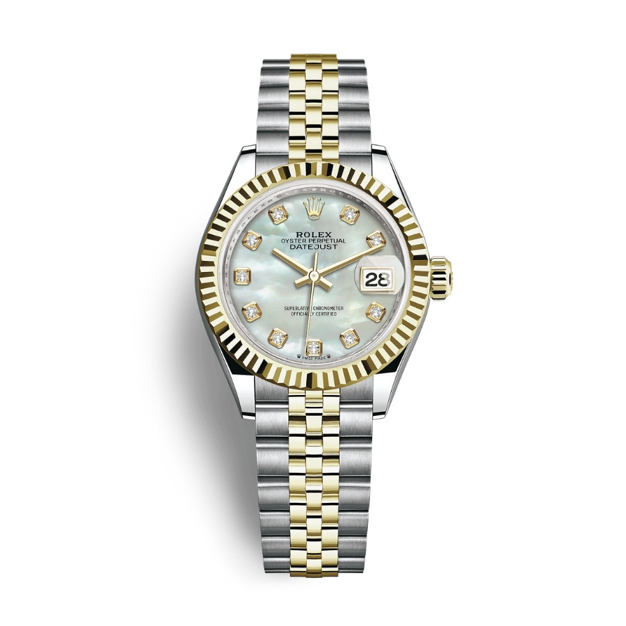 Đồng hồ Rolex Lady-Datejust 28 Pearlmaster với mặt số xà cừ và kim cương