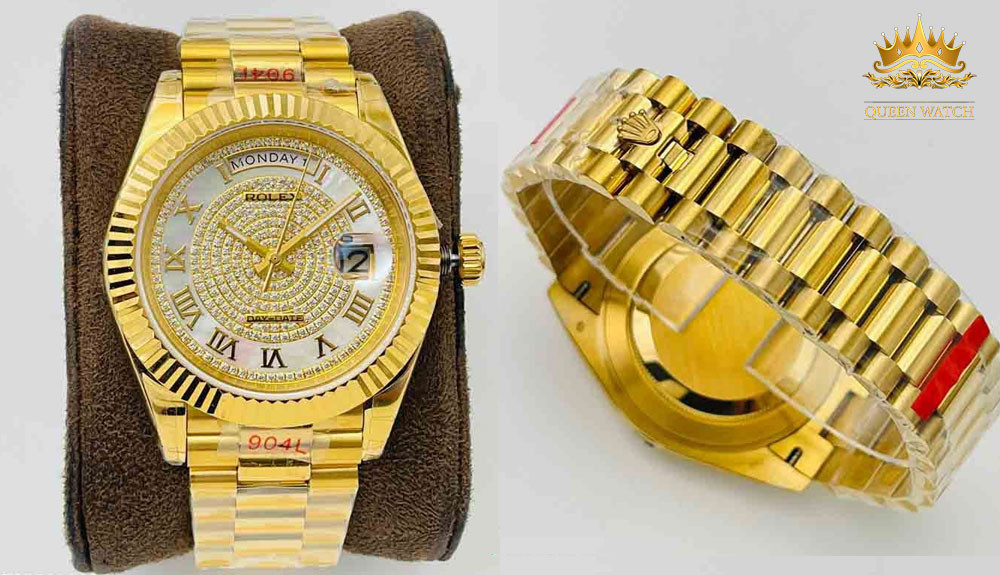 Rolex Day-Date Yellow Gold Diamond Pearl Dial mạ vàng 18K, minh họa đồng hồ mạ vàng giá bao nhiêu với các chi tiết xa xỉ
