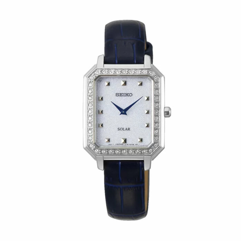 Đồng hồ Seiko nữ mặt chữ nhật SUP429P1 Solar với dây da và viền pha lê