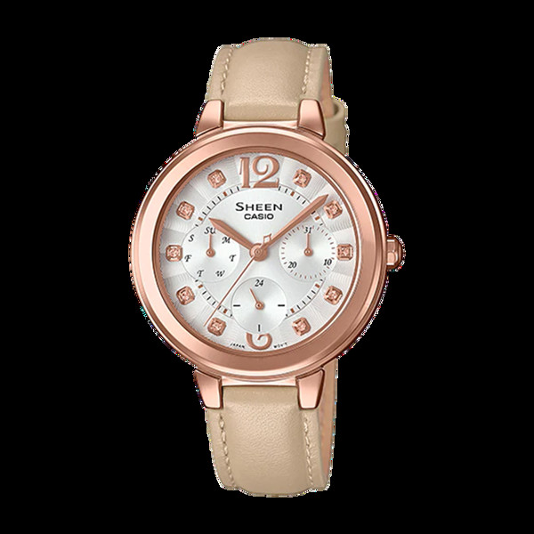 Mẫu đồng hồ Casio Sheen dây da SHE-3048PGL-7B nổi bật với thiết kế thanh lịch, vỏ mạ ion vàng hồng và dây da mềm mại