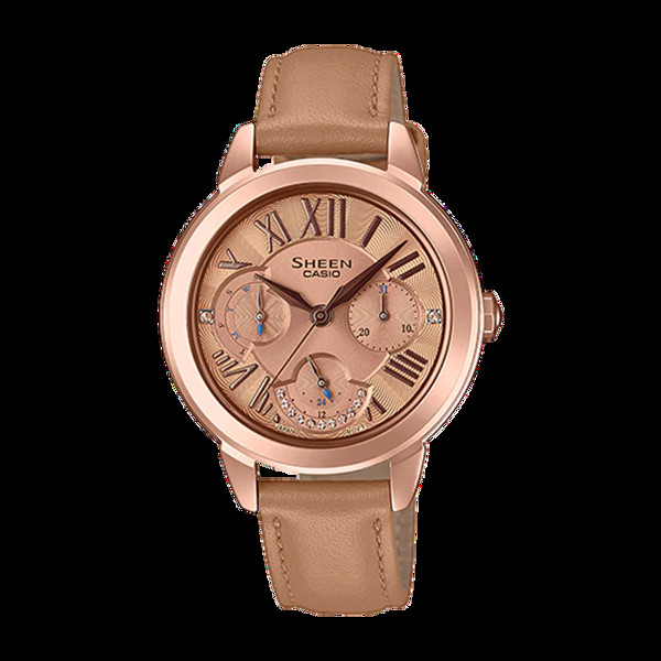 Vẻ đẹp sang trọng của đồng hồ Casio Sheen dây da SHE-3059PGL-5AUDR, với các mặt số phụ chức năng và đá Swarovski lấp lánh