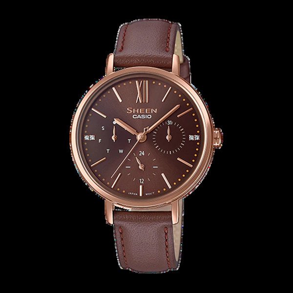 Đồng hồ Casio Sheen dây da SHE-3064PGL-5AUDF, kết hợp hoàn hảo giữa màu nâu thời thượng và thiết kế mặt tròn đa chức năng, phù hợp với mọi quý cô