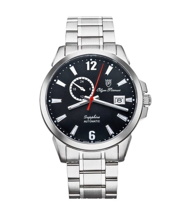Đồng hồ OP Olym Pianus Sapphire OP990-081AMS-D mặt đen với bộ máy Automatic, nổi bật vẻ thanh lịch.